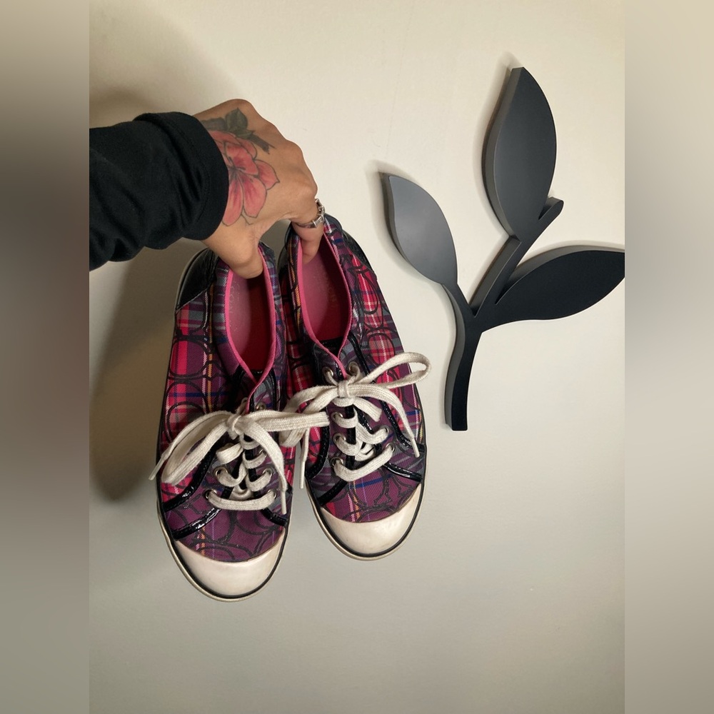 Pink And Black Plaid Leather Coach Barrett Scribble Monogram Sneakers